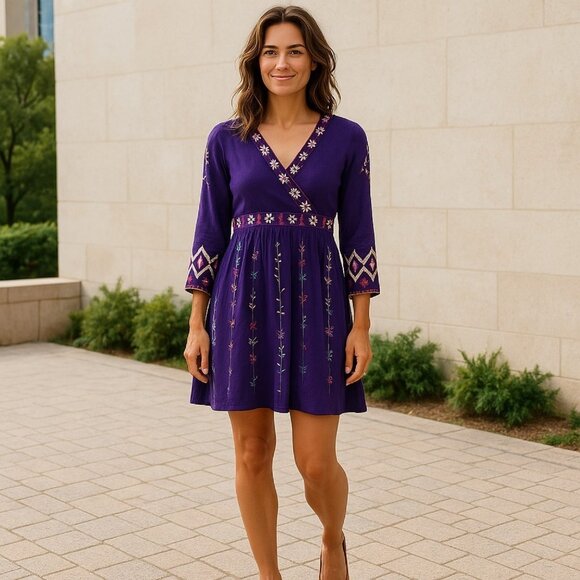 Sahalie Medium Purple Embroidered Sweater Pleated‎ Hippie Boho Cotton Knit Dress - Picture 1 of 14